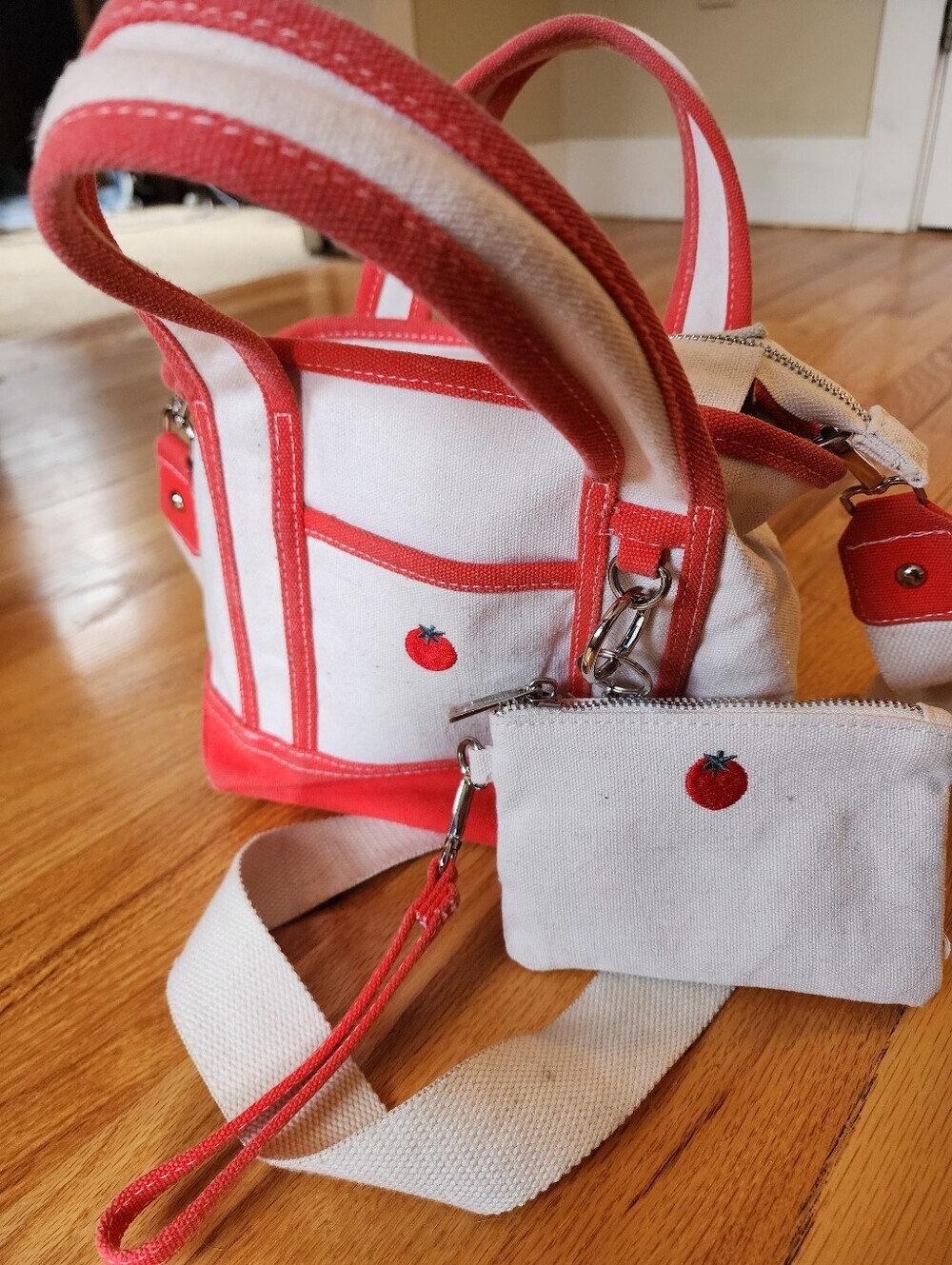 Madden Girl Mini Canvas Tomato Tote with Cosmetic Bag White & Red Crossbody